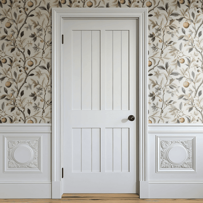 Neutral Botanical Wallpaper shown in a second interior with the sepia apples reading as antique-toned natural decoration