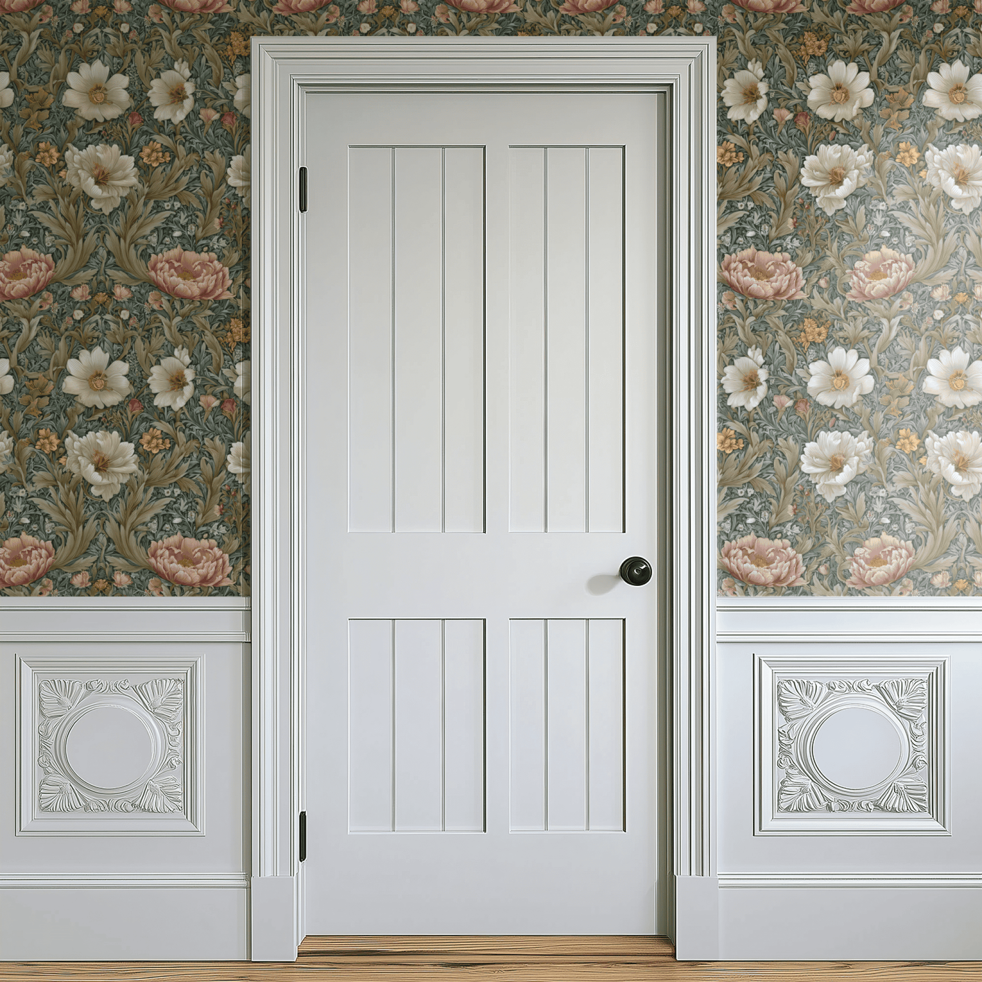 Green Floral Wallpaper shown in a second interior with the olive blossoms reading as warmly traditional botanical decoration