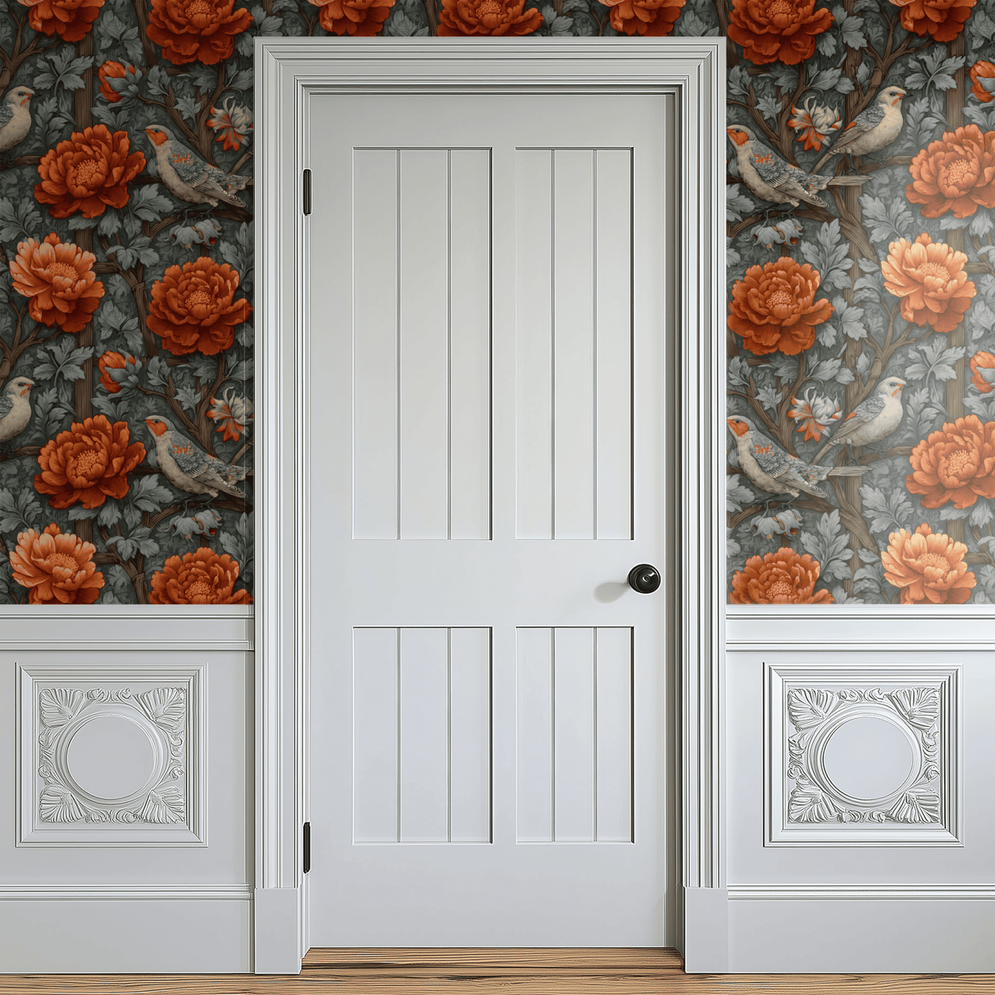 Orange Floral Wallpaper installed on a room wall with woodland warbler birds among russet florals on an orange ground