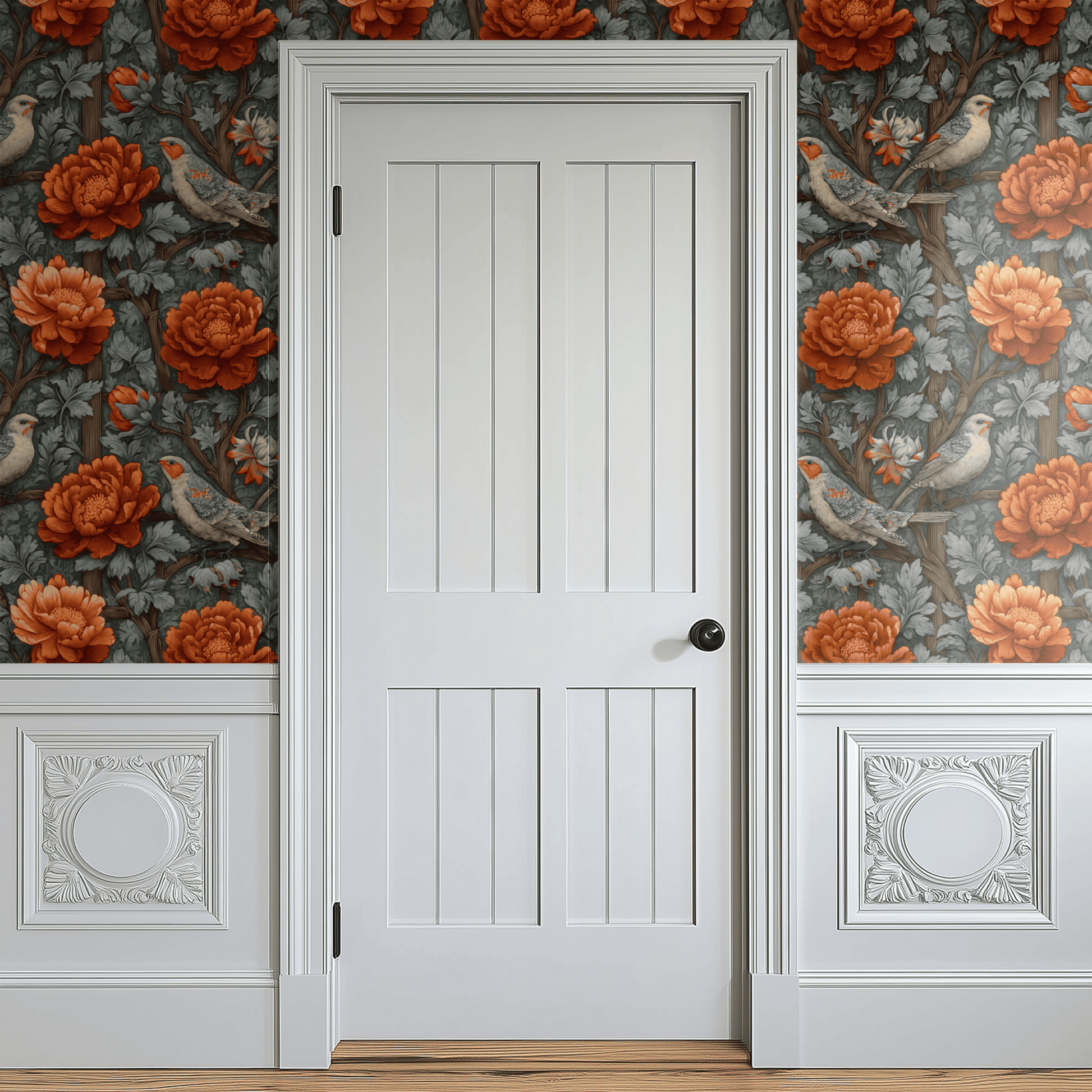 Orange Floral Wallpaper installed on a room wall with woodland warbler birds among russet florals on an orange ground