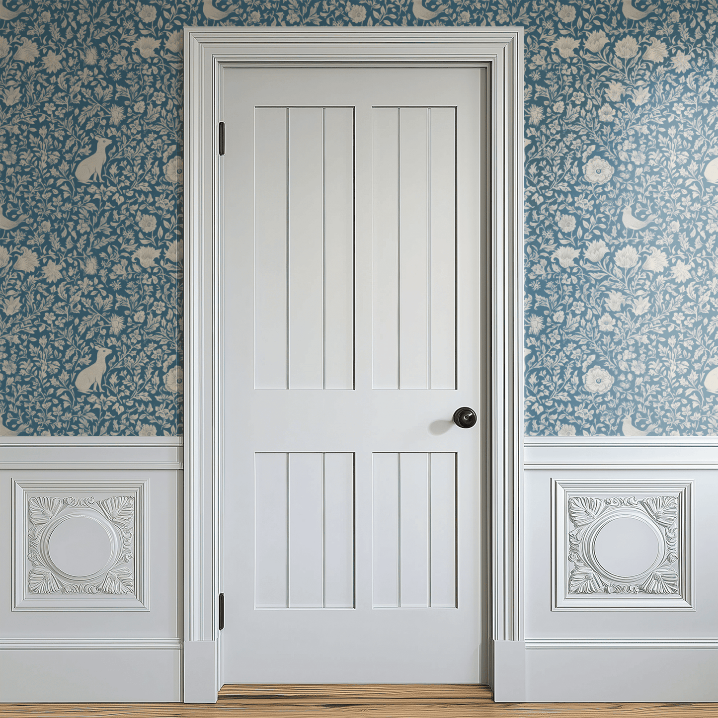 Blue Floral Wallpaper shown in a second room with the denim hares reading as English-country-pastoral woodland decoration