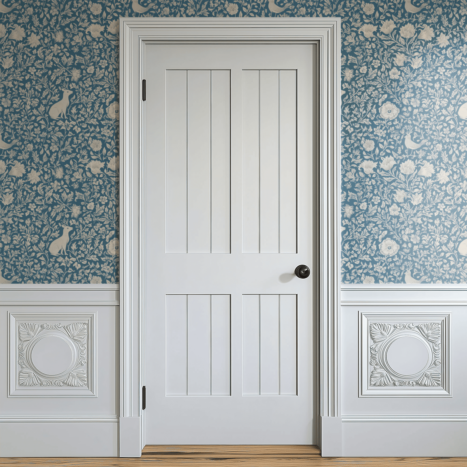 Blue Floral Wallpaper shown in a second room with the denim hares reading as English-country-pastoral woodland decoration