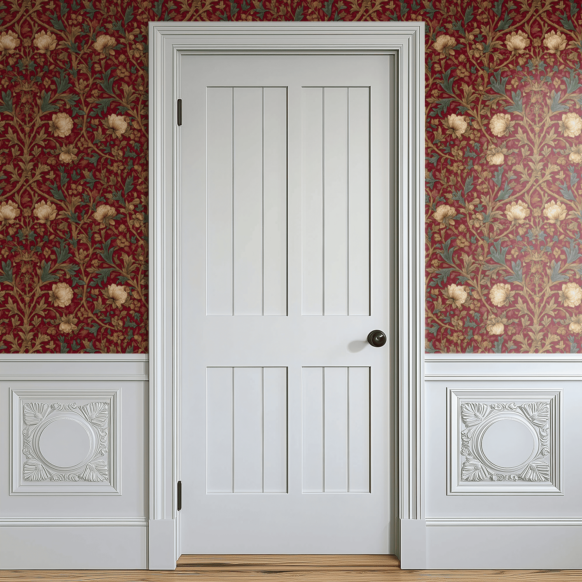 Red Floral Wallpaper shown in a second room with the garnet peonies reading as theatrically rich dining-room decoration