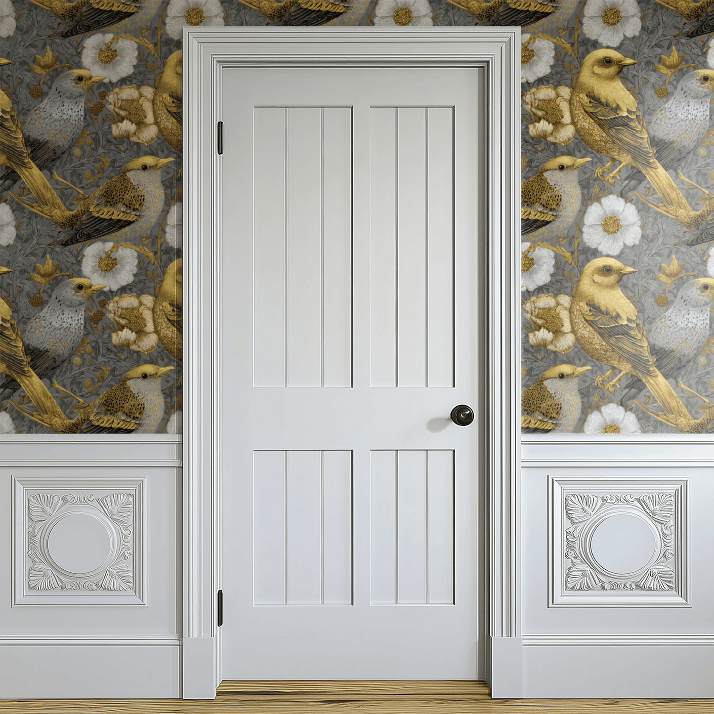 Grey Floral Wallpaper shown in a second interior with the gilded finches reading as warmly traditional Arts and Crafts decoration