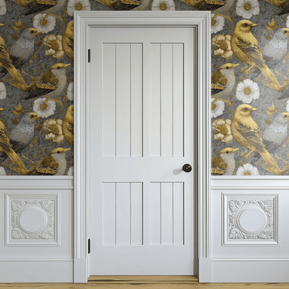 Grey Floral Wallpaper shown in a second interior with the gilded finches reading as warmly traditional Arts and Crafts decoration