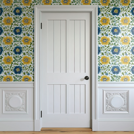 Golden Cobalt wallpaper with cottagecore golden florals on a white ground, shown installed on a living-room wall at room scale