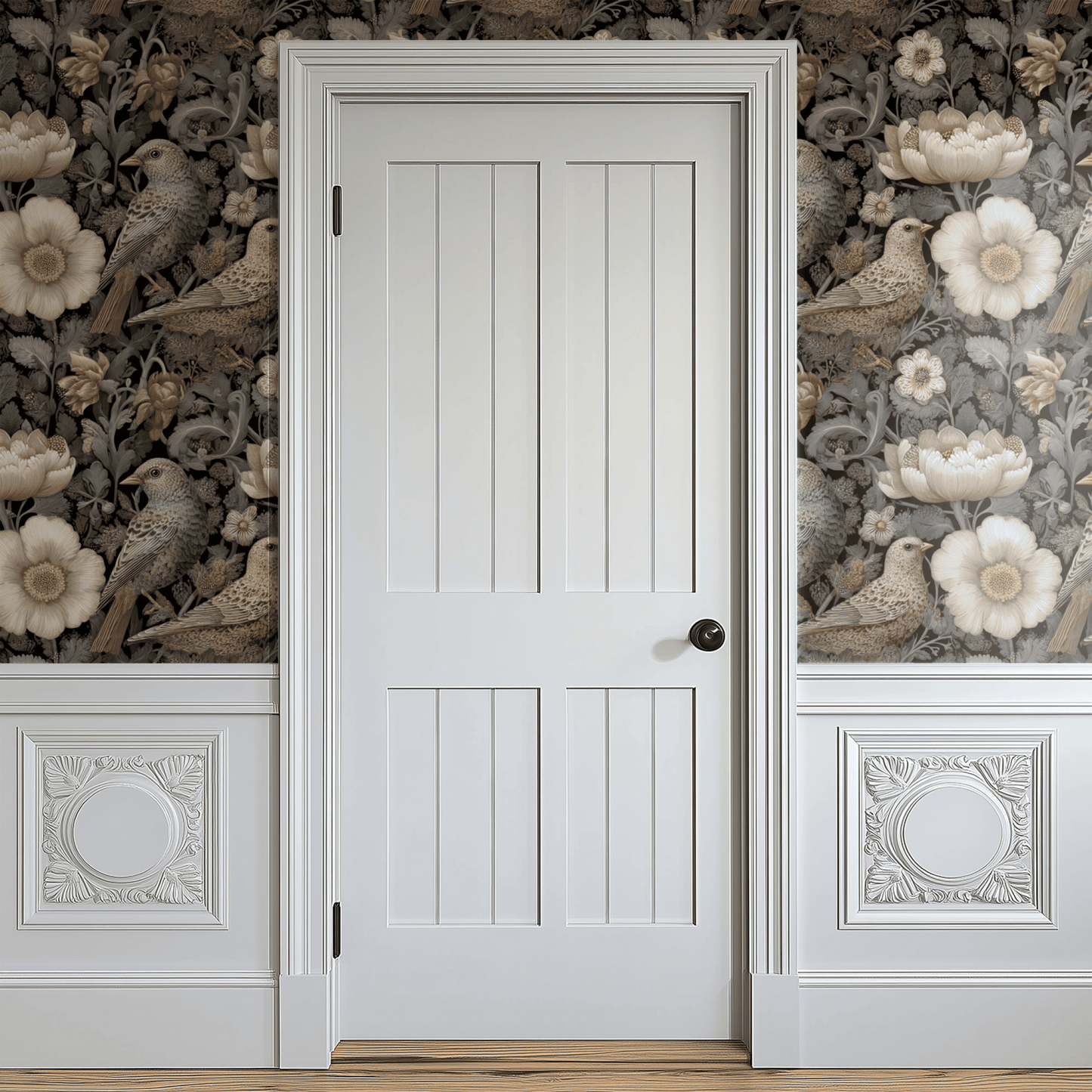 Grey Floral Wallpaper installed in a room interior with Arts and Crafts moody sparrows among florals on a shadowy grey Victorian ground