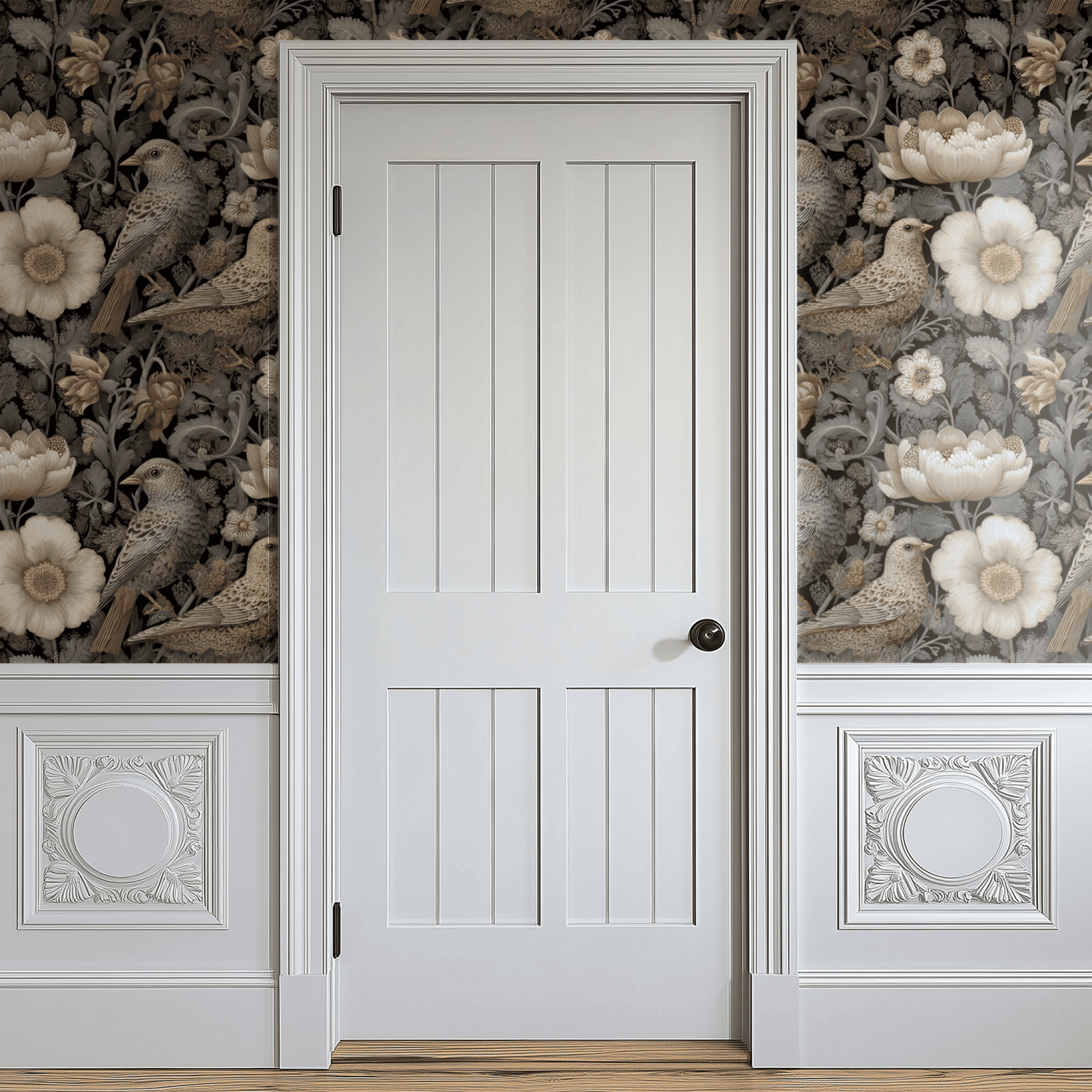 Grey Floral Wallpaper installed in a room interior with Arts and Crafts moody sparrows among florals on a shadowy grey Victorian ground