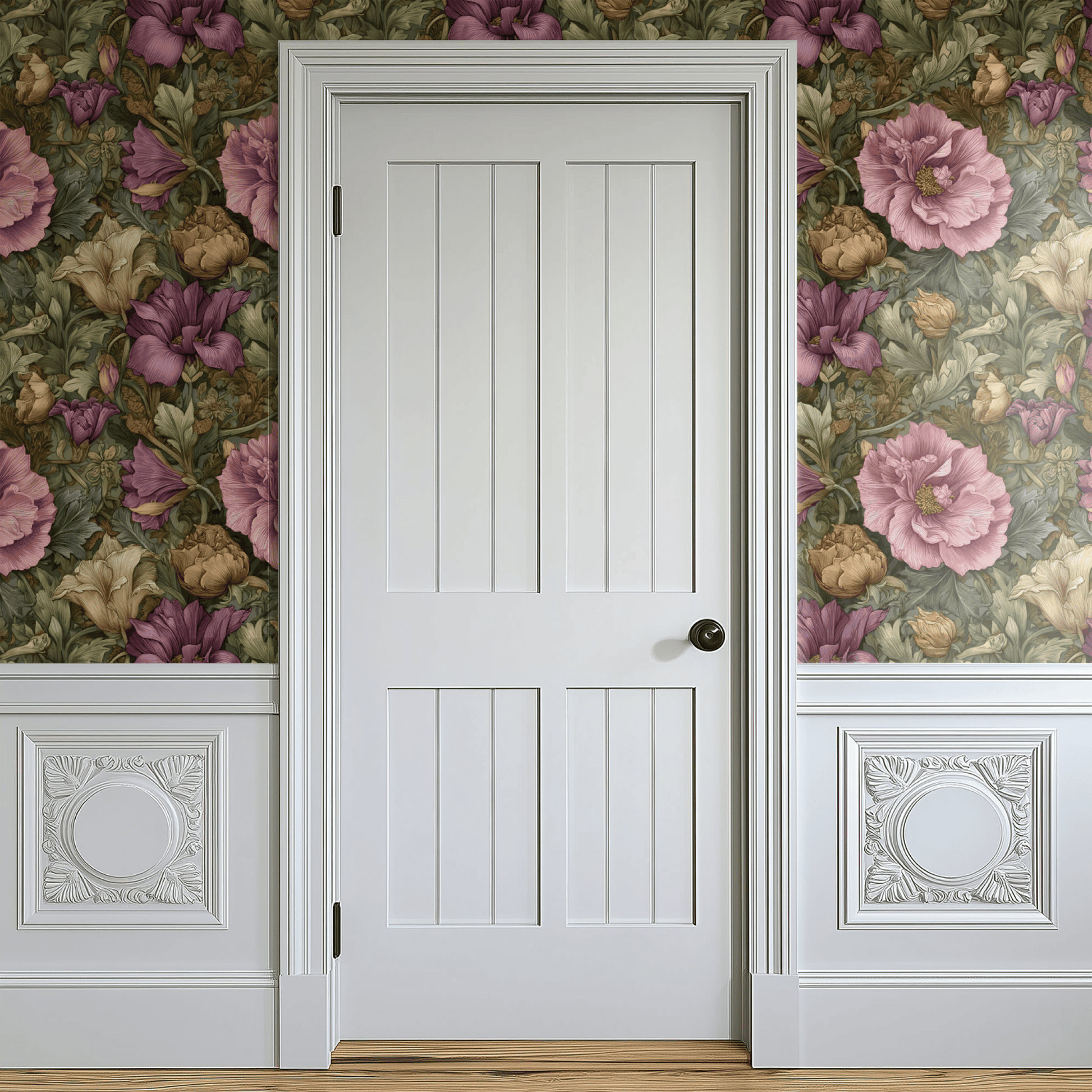 Green Floral Wallpaper shown in a second interior with the verdant rosy reading as warmly traditional botanical decoration