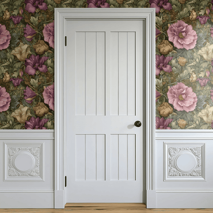 Green Floral Wallpaper shown in a second interior with the verdant rosy reading as warmly traditional botanical decoration