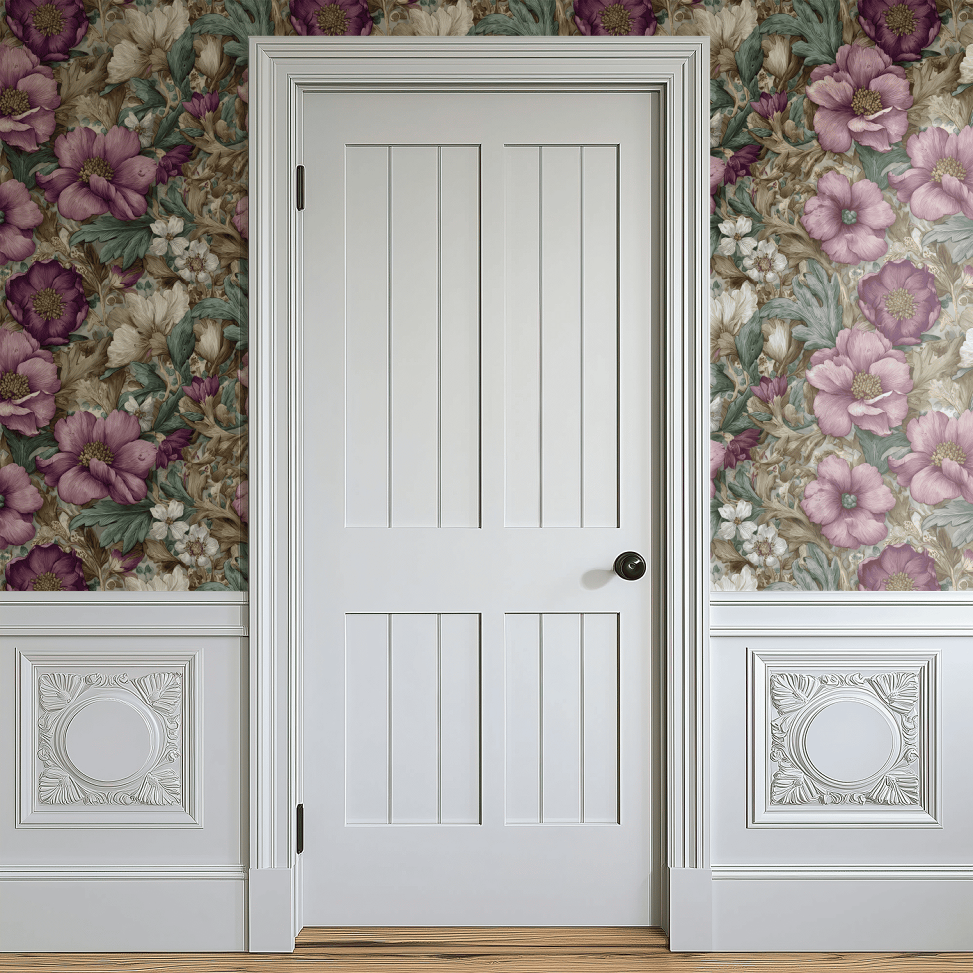 Green Floral Wallpaper shown in a second room with the mauve filigree reading as gracefully traditional Victorian decoration
