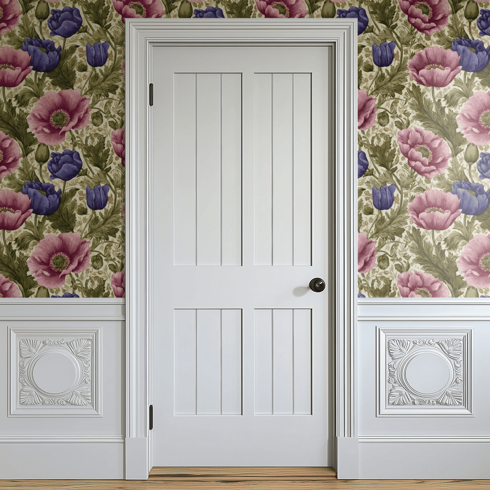 Cream Floral Wallpaper shown in a second interior with the dreamscape poppies reading as softly atmospheric traditional decoration