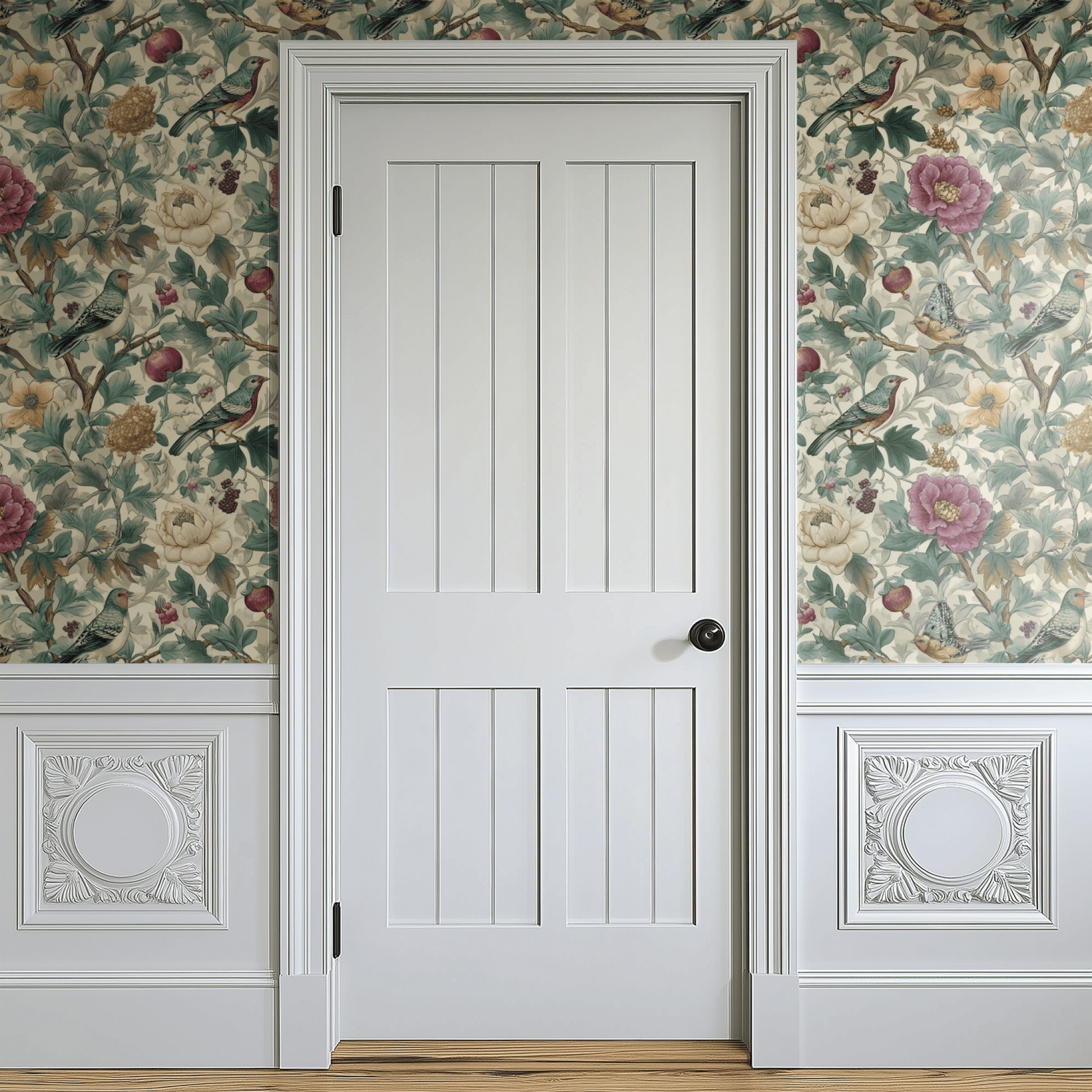 Cream Floral Wallpaper shown in a second room with the pastel aviary reading as softly traditional chinoiserie decoration