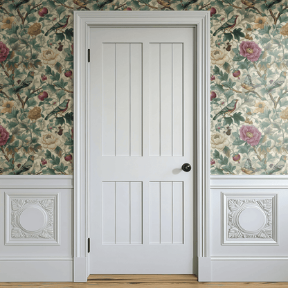 Cream Floral Wallpaper shown in a second room with the pastel aviary reading as softly traditional chinoiserie decoration