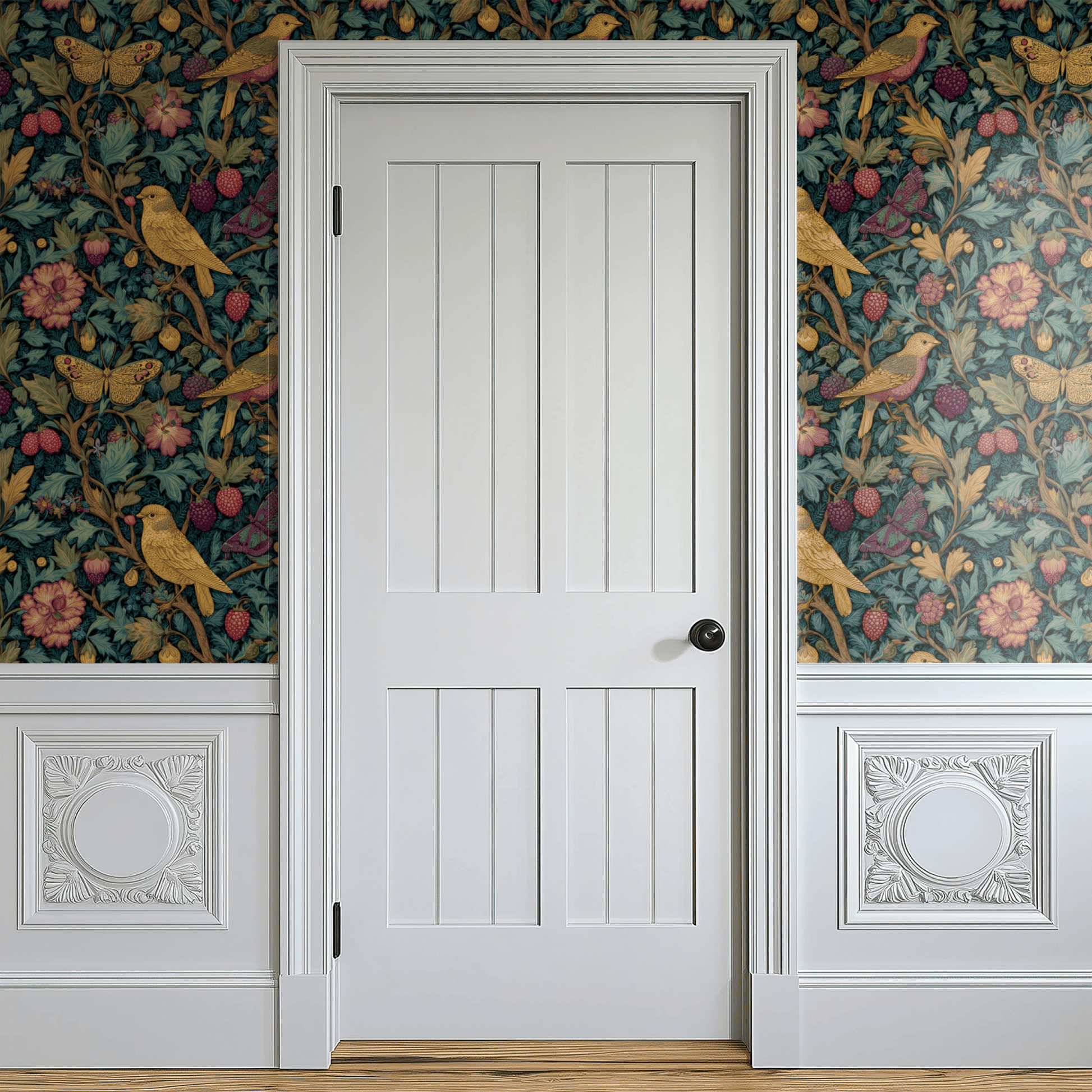 Green Bird Pattern Wallpaper shown in a second room with the rosy meadow reading as English-country pastoral decoration