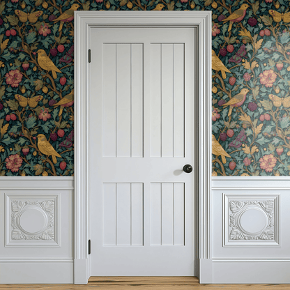 Green Bird Pattern Wallpaper shown in a second room with the rosy meadow reading as English-country pastoral decoration