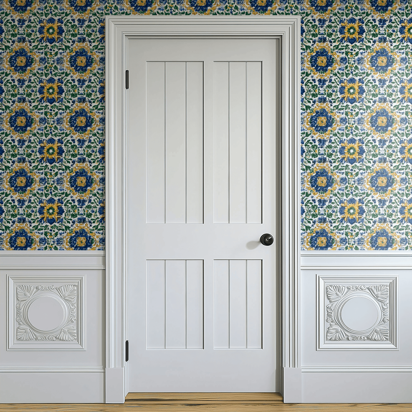 White Floral Wallpaper shown in a second interior with the white majolica florals reading as fresh Italianate decoration