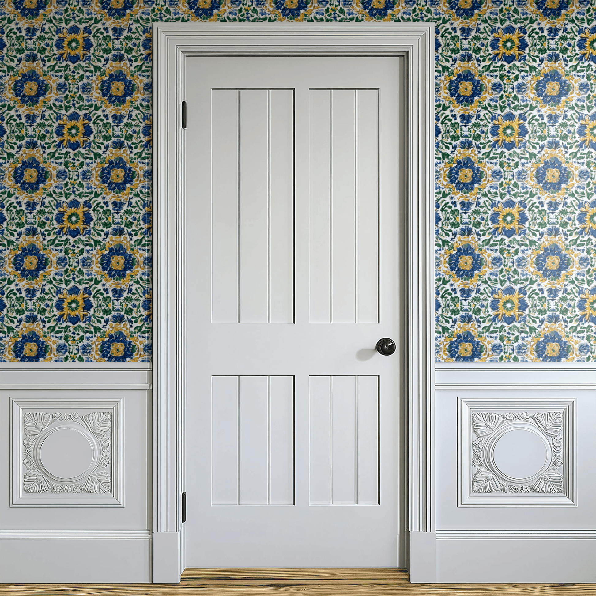White Floral Wallpaper shown in a second interior with the white majolica florals reading as fresh Italianate decoration