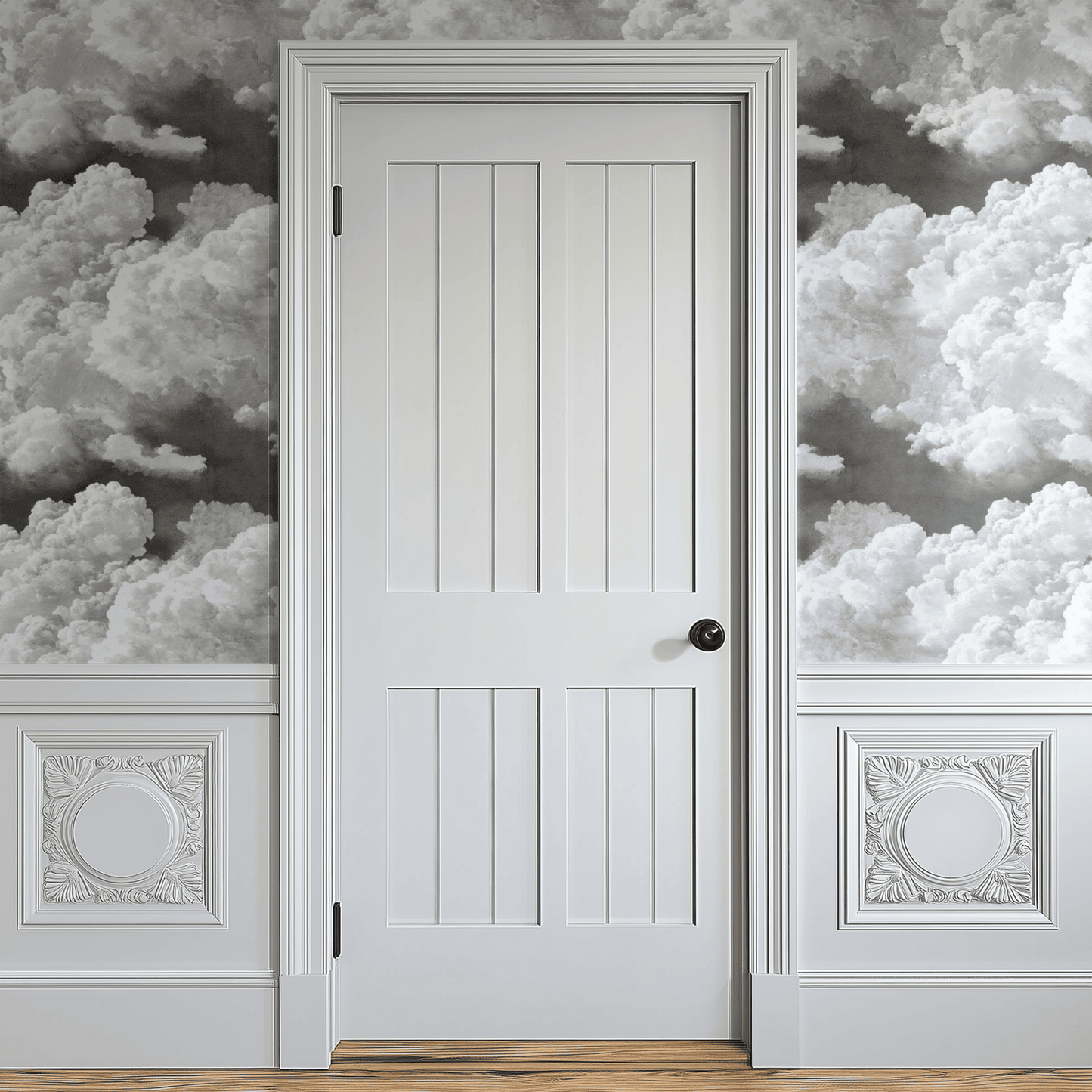 Grey Nature Wallpaper shown in a second room with the quiet engraved pattern reading as soft natural-history neutral background