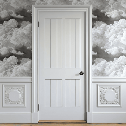 Grey Nature Wallpaper shown in a second room with the quiet engraved pattern reading as soft natural-history neutral background