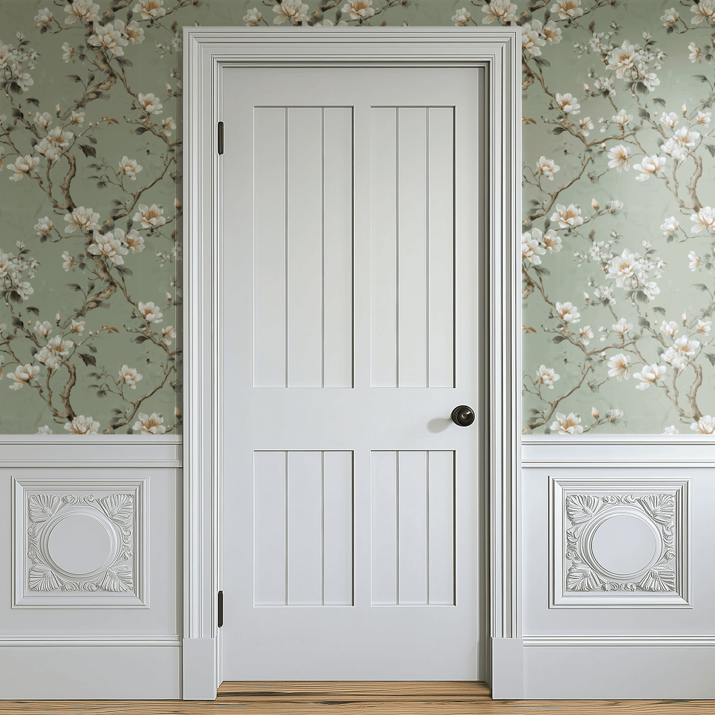 Green Floral Wallpaper shown in a second interior with the magnolia florals giving the wall a calm botanical character