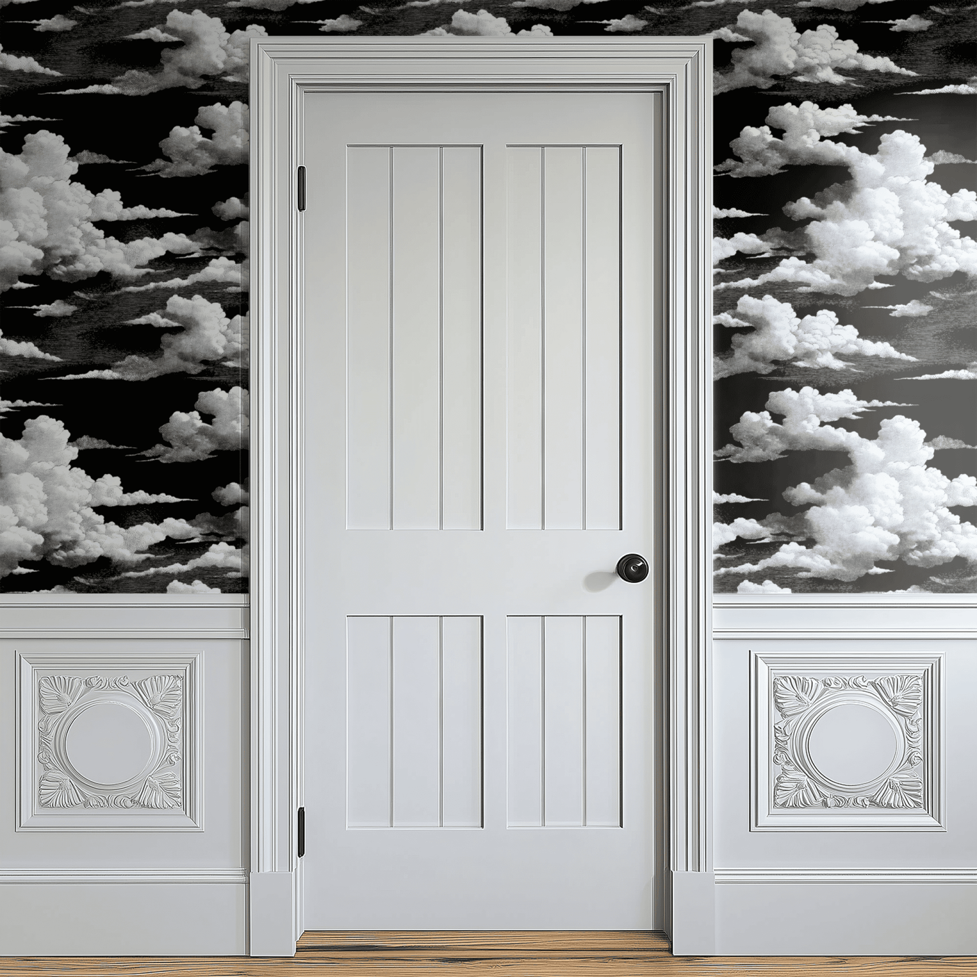 Black Nature Wallpaper shown in a second room with the speckled silver reading as graphic metallic-natural decoration
