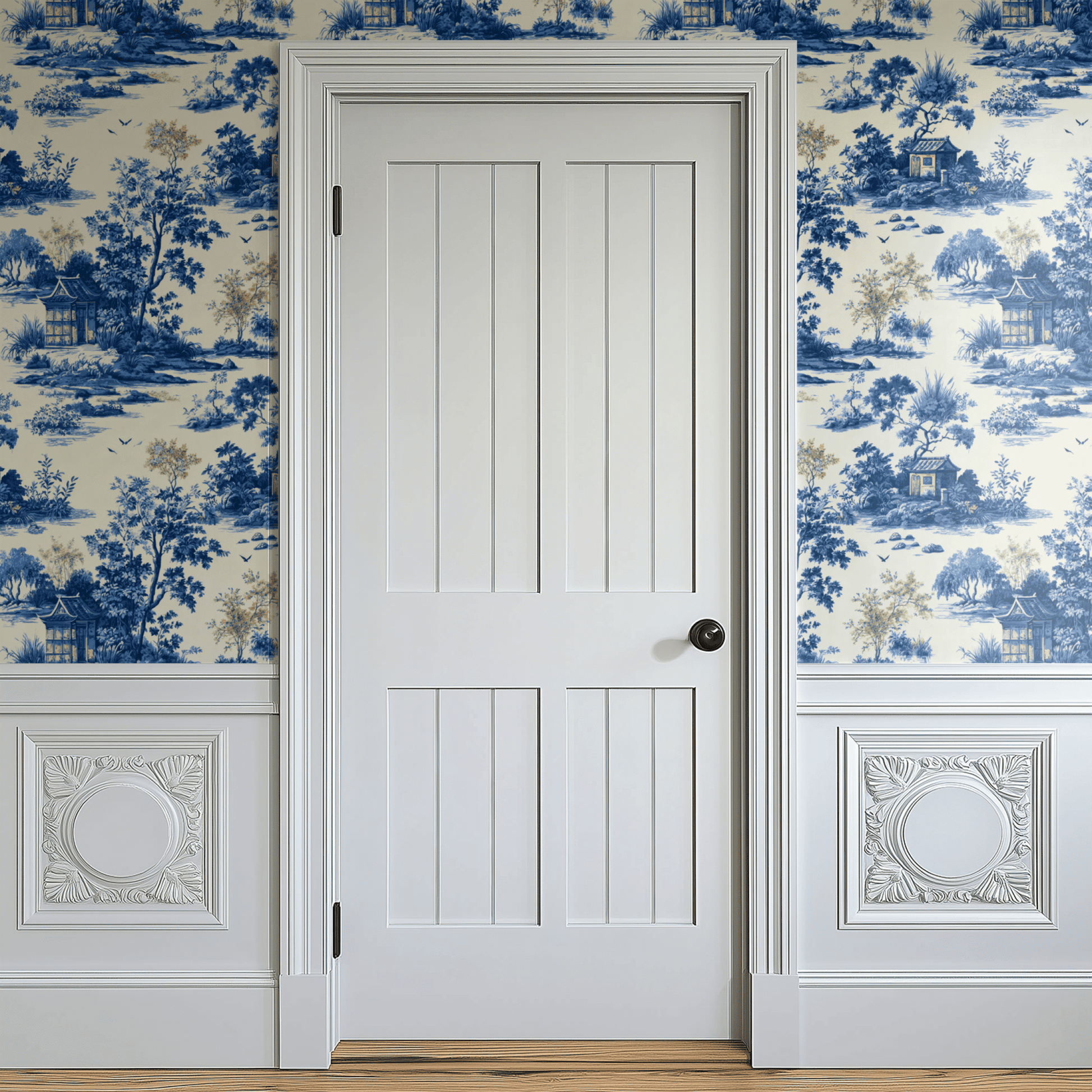 Blue Toile Wallpaper shown in a second interior with the chinoiserie scenes reading as traditional country-house decoration