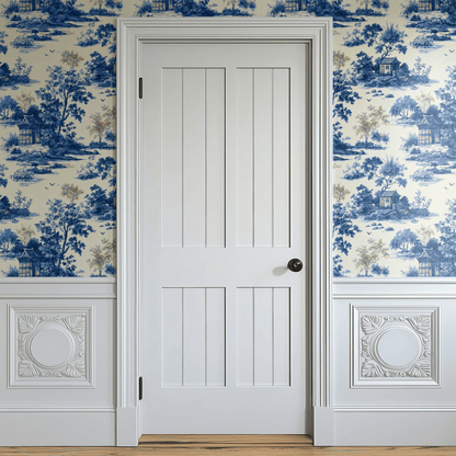 Blue Toile Wallpaper shown in a second interior with the chinoiserie scenes reading as traditional country-house decoration