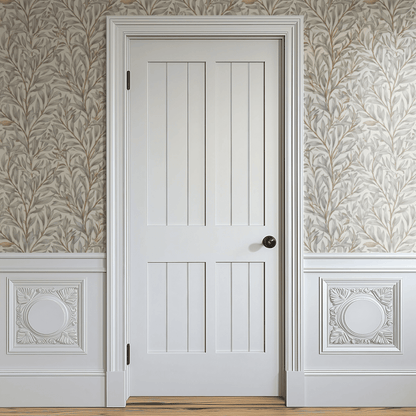 Cream Botanical Wallpaper shown in a second room with the linen fronds reading as quietly textured Arts and Crafts decoration