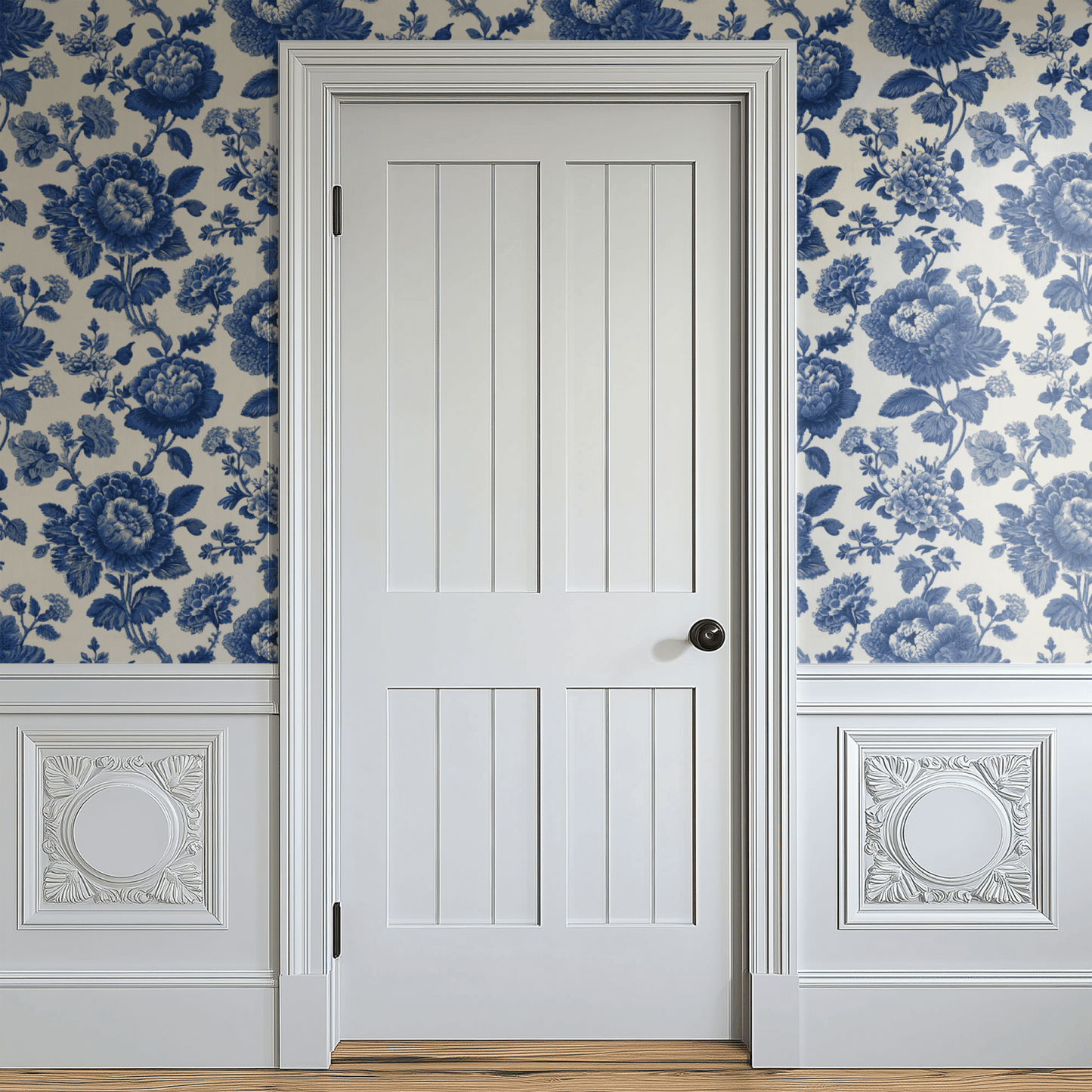 Blue Floral Wallpaper shown in a second room with the cobalt florals reading as confident home-office or dining-room decoration