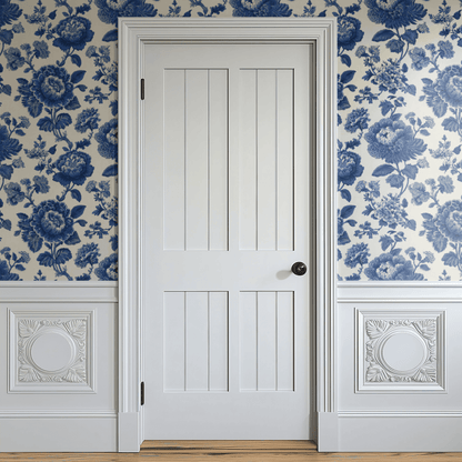 Blue Floral Wallpaper shown in a second room with the cobalt florals reading as confident home-office or dining-room decoration