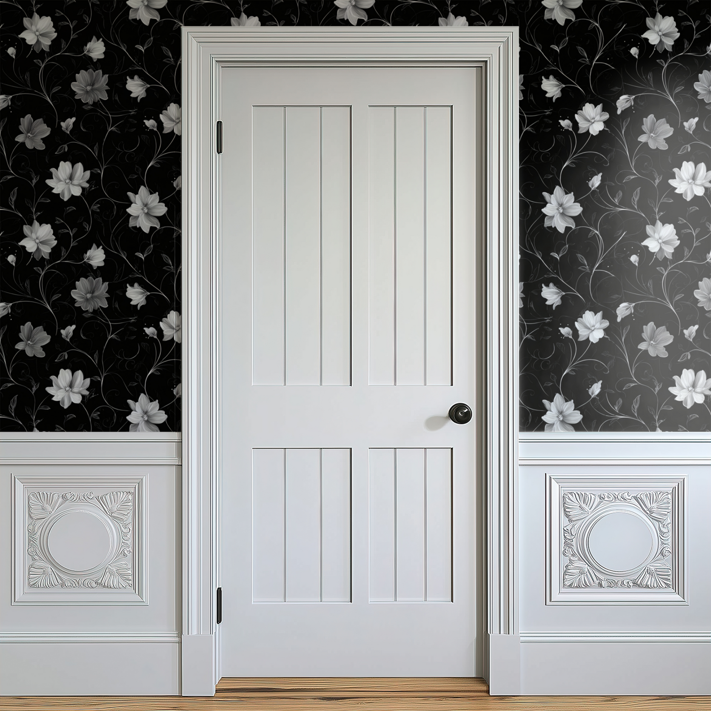 Black Floral Wallpaper shown in a second room with the art nouveau asters reading as theatrically rich evening decoration