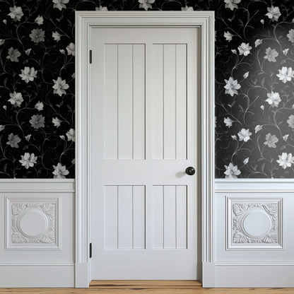 Black Floral Wallpaper shown in a second room with the art nouveau asters reading as theatrically rich evening decoration