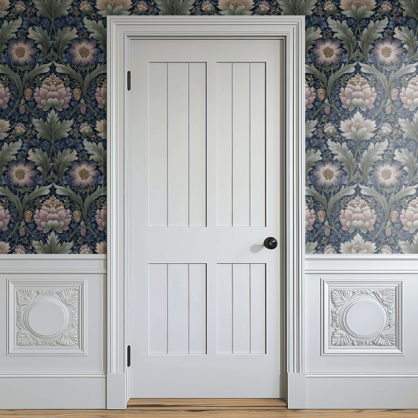 Blue Floral Wallpaper shown in a second interior with the indigo verdure reading as classically traditional botanical decoration