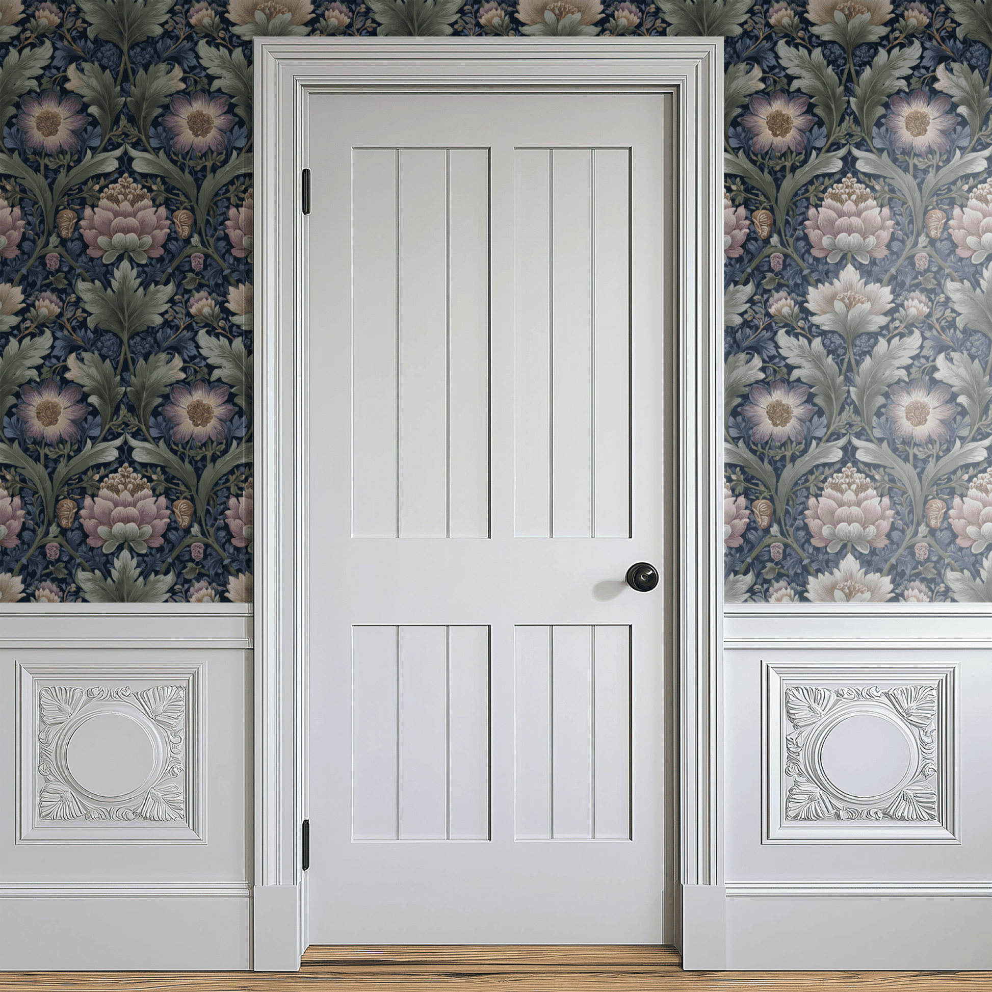 Blue Floral Wallpaper shown in a second interior with the indigo verdure reading as classically traditional botanical decoration