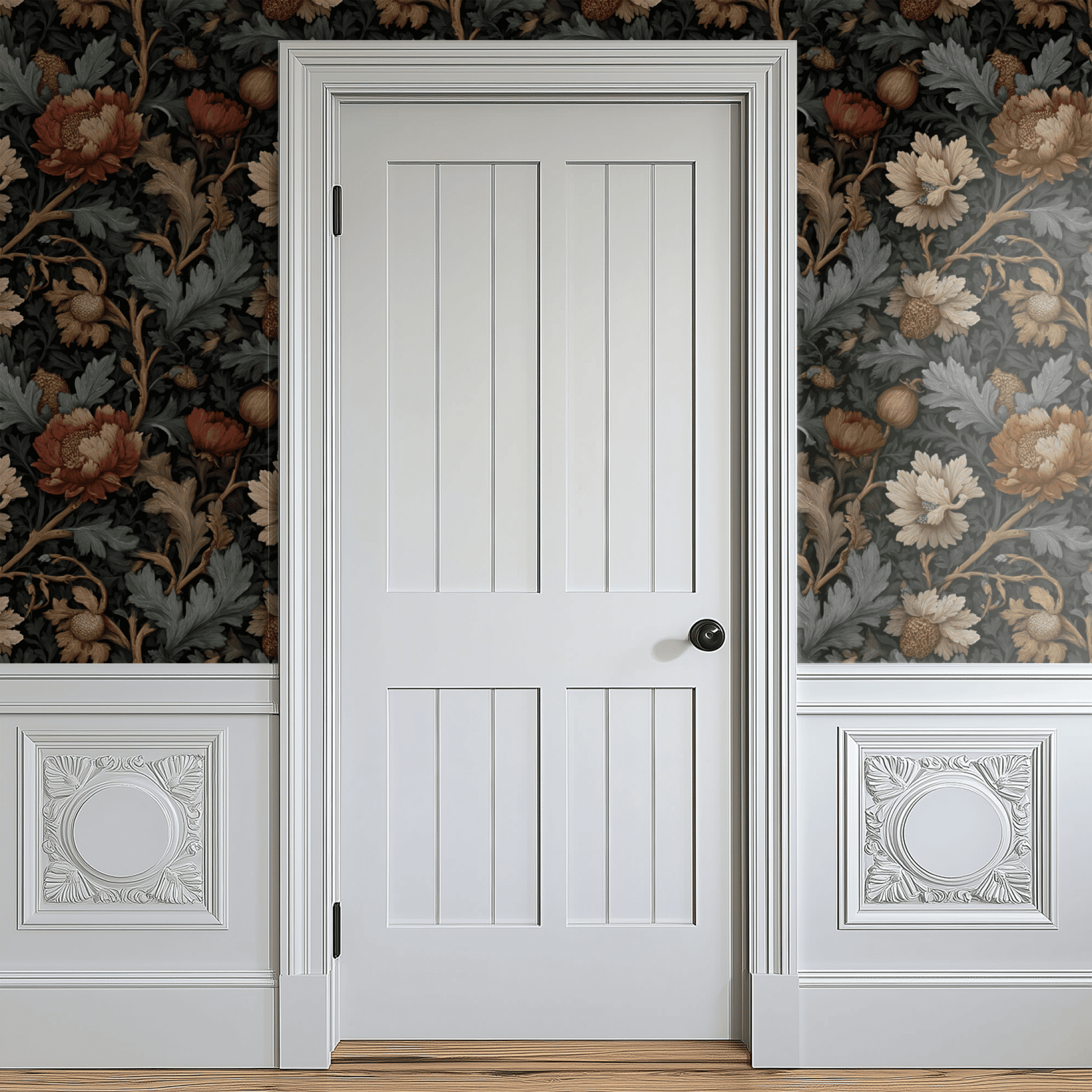 Green Floral Wallpaper shown in a second interior with the Victorian grove giving the wall a country-house traditional botanical character