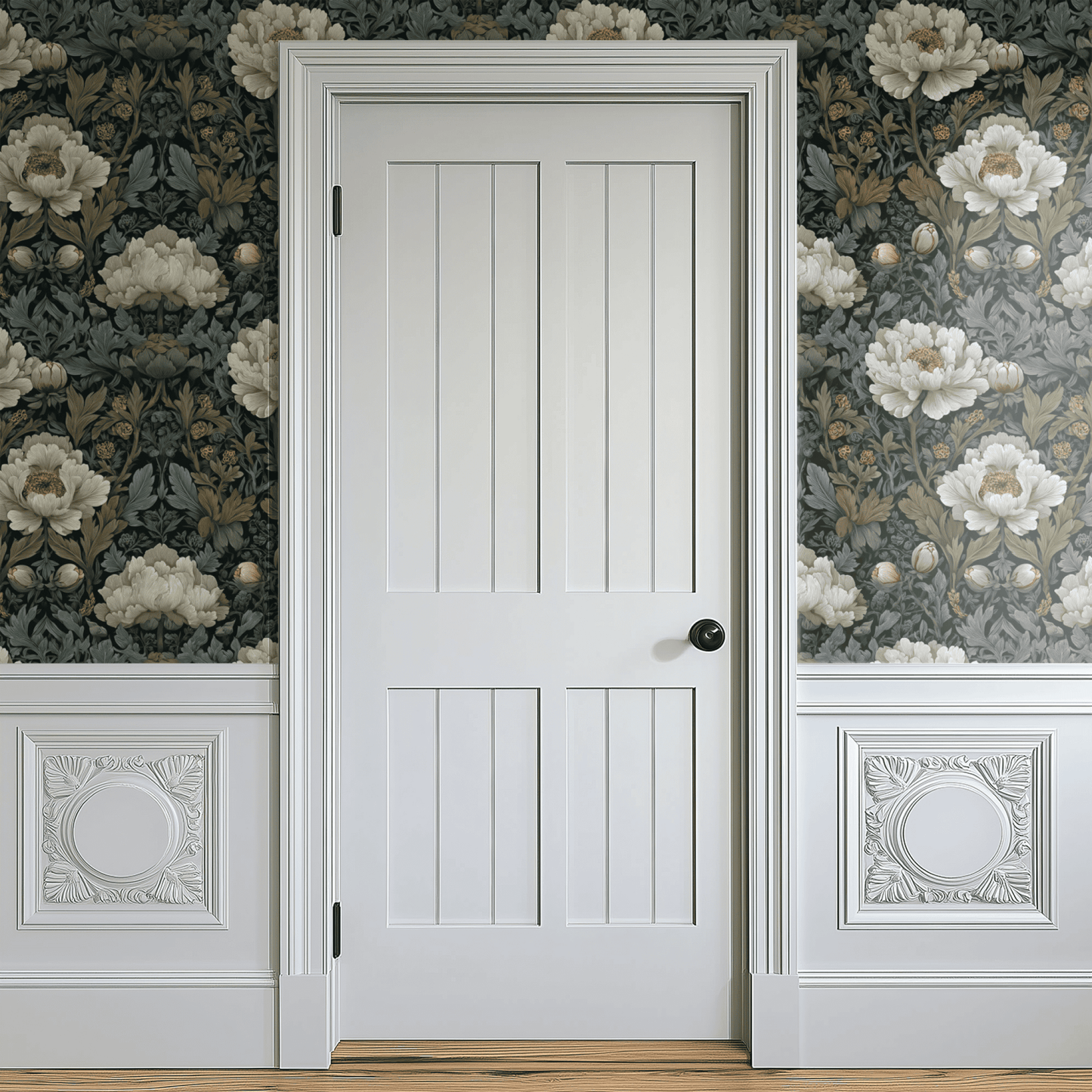 Green Floral Wallpaper shown in a second room with the green-ivory moody florals reading as quietly atmospheric traditional decoration