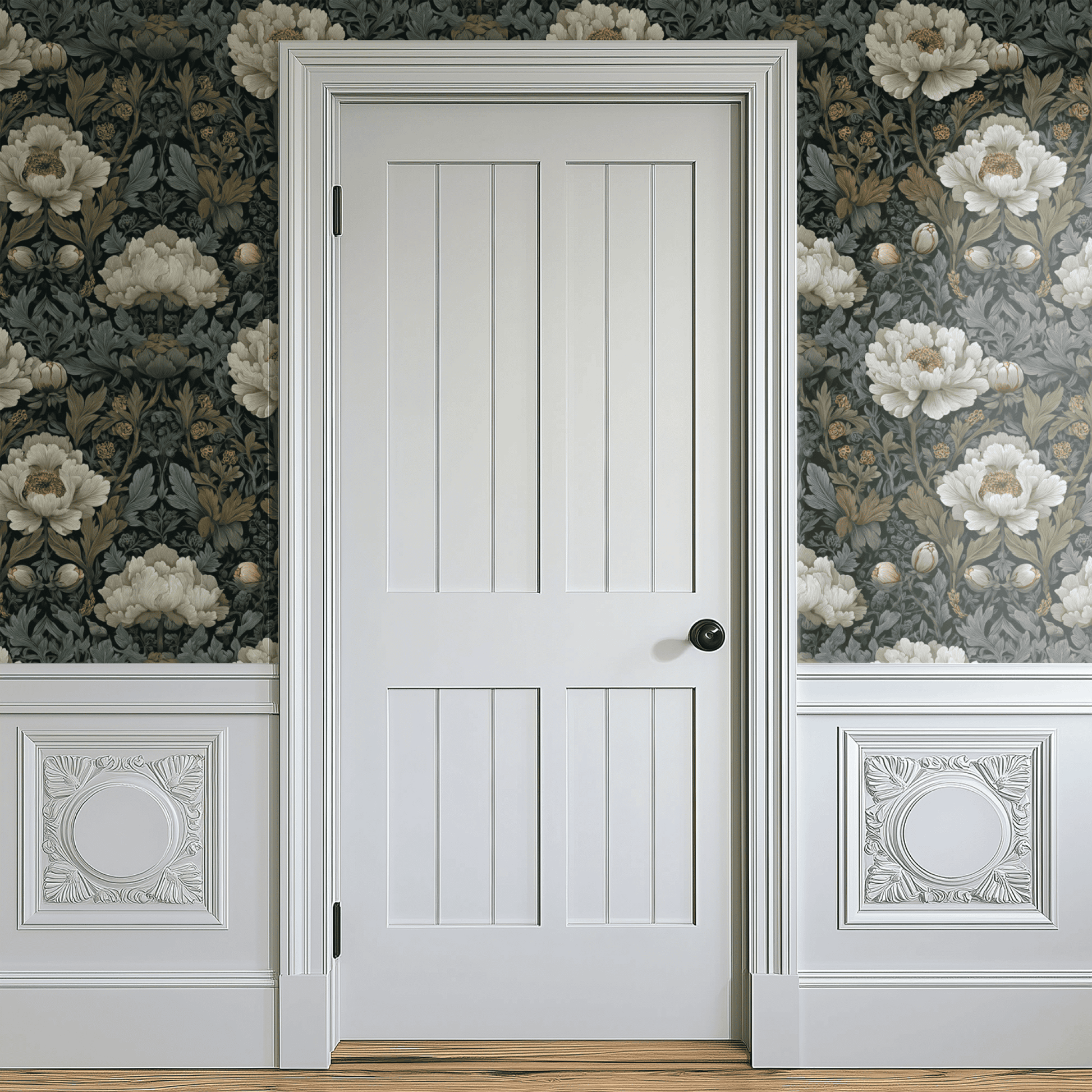 Green Floral Wallpaper shown in a second room with the green-ivory moody florals reading as quietly atmospheric traditional decoration