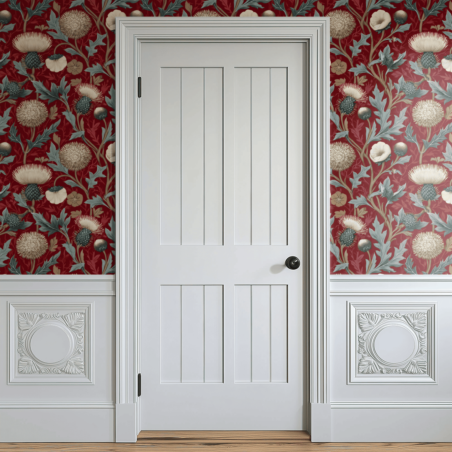 Red Floral Wallpaper installed on a room wall with Arts and Crafts thistle botanical in rich red velvet handling