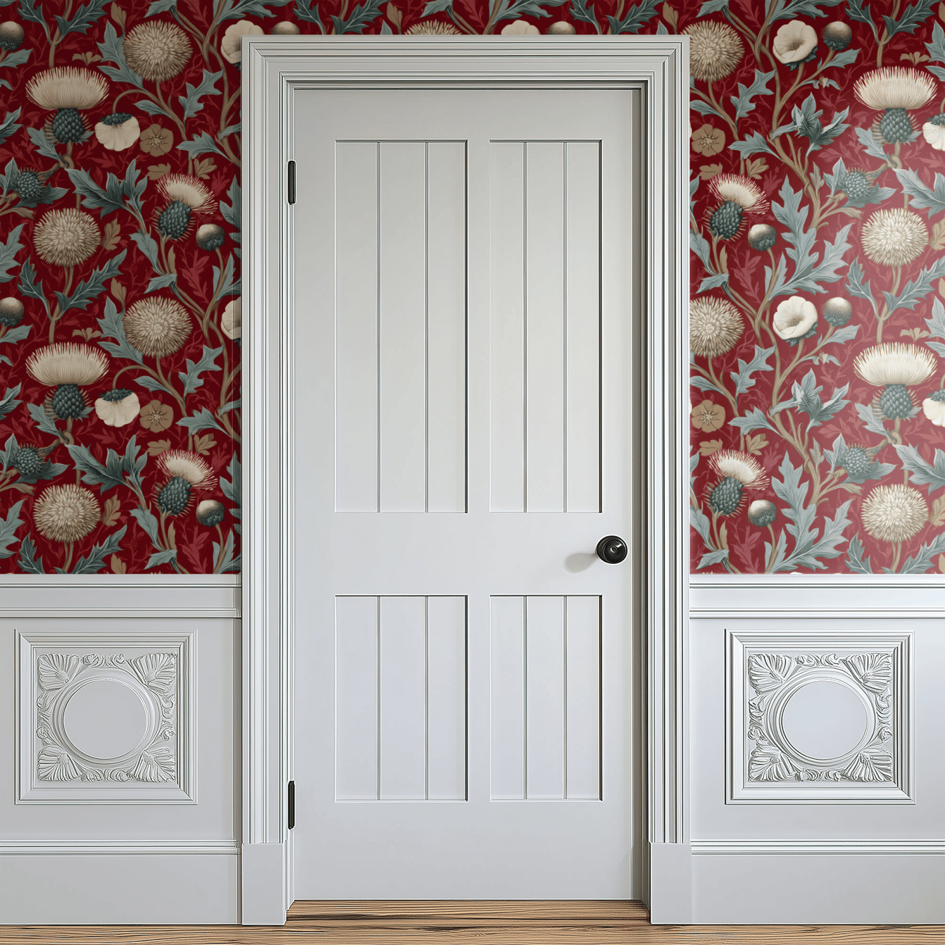 Red Floral Wallpaper installed on a room wall with Arts and Crafts thistle botanical in rich red velvet handling