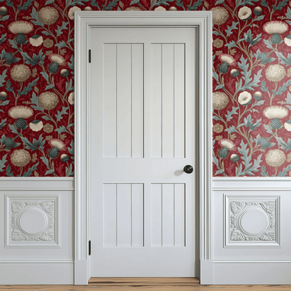 Red Floral Wallpaper installed on a room wall with Arts and Crafts thistle botanical in rich red velvet handling