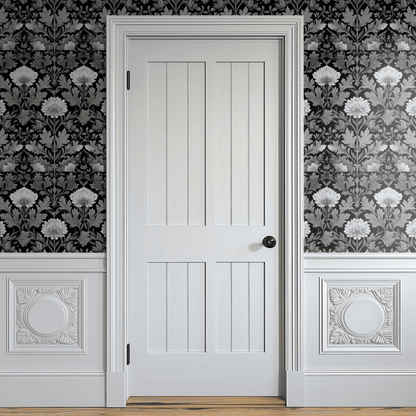 Black Floral Wallpaper shown in a second interior with the black grove reading as theatrically traditional moody decoration