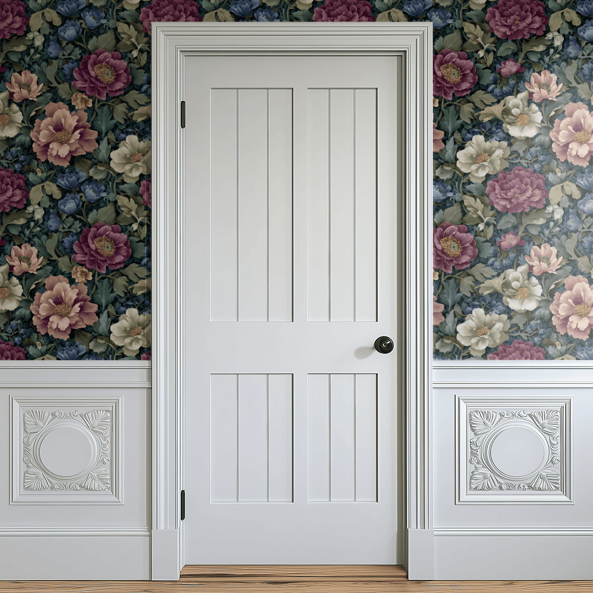 Green Floral Wallpaper shown in a second room with the dense fern fronds anchoring the wall and the green palette pairing against warm wood