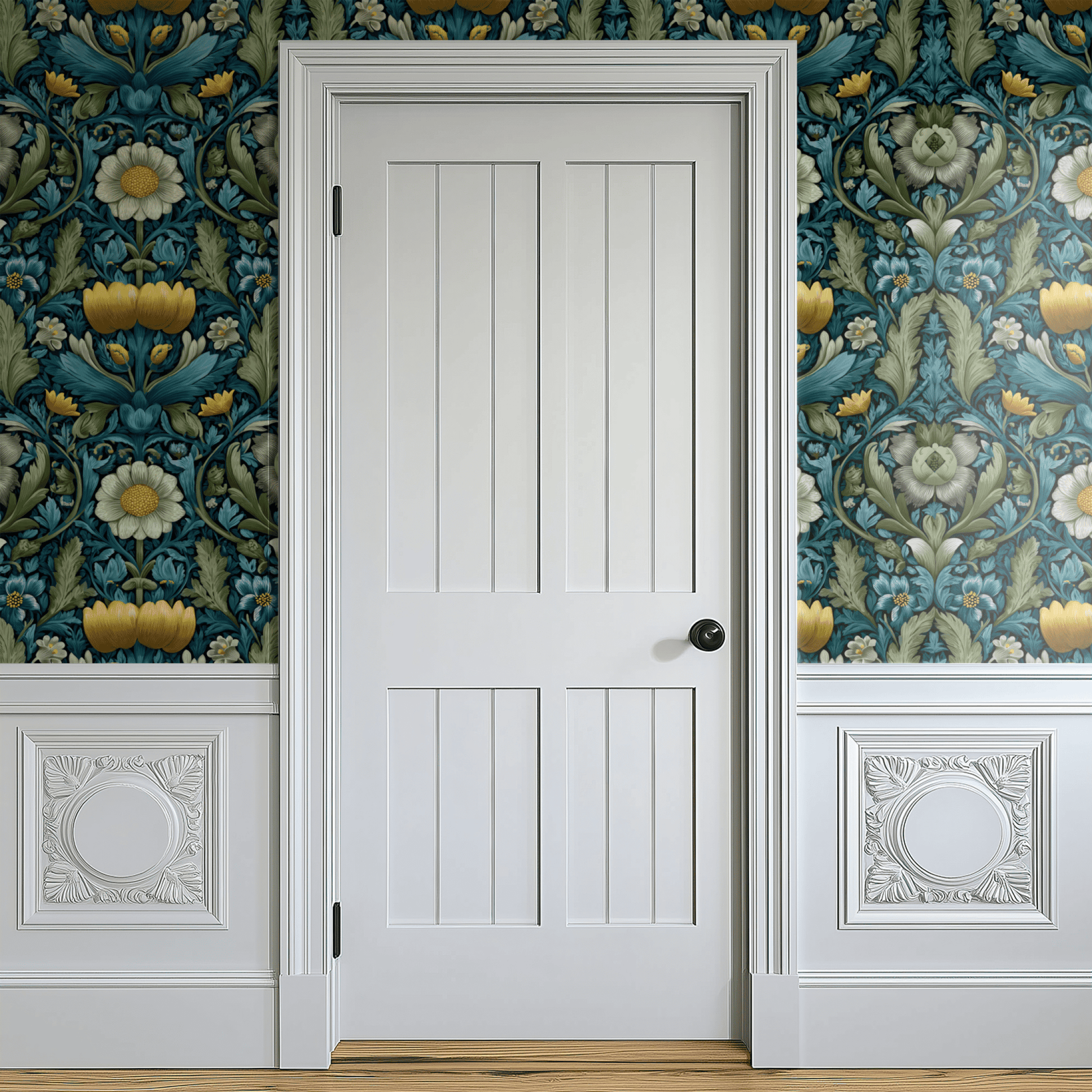 Green Floral Wallpaper shown in a second room with the teal anemones reading as confidently traditional Arts and Crafts decoration