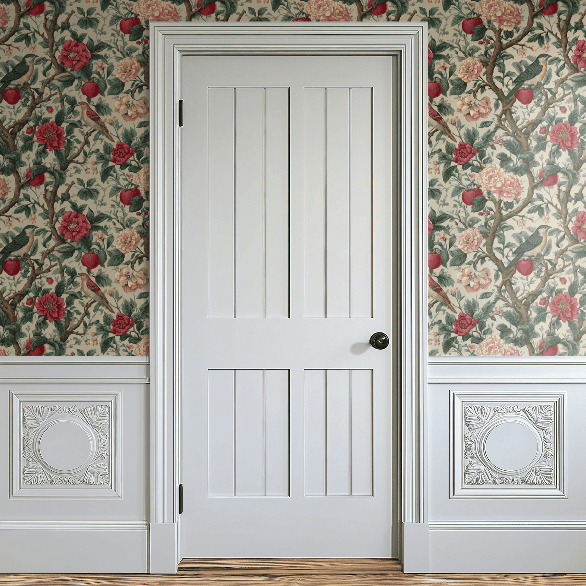 Cream Floral Wallpaper shown in a second interior with the crimson pimpernels reading as warm country-house traditional decoration