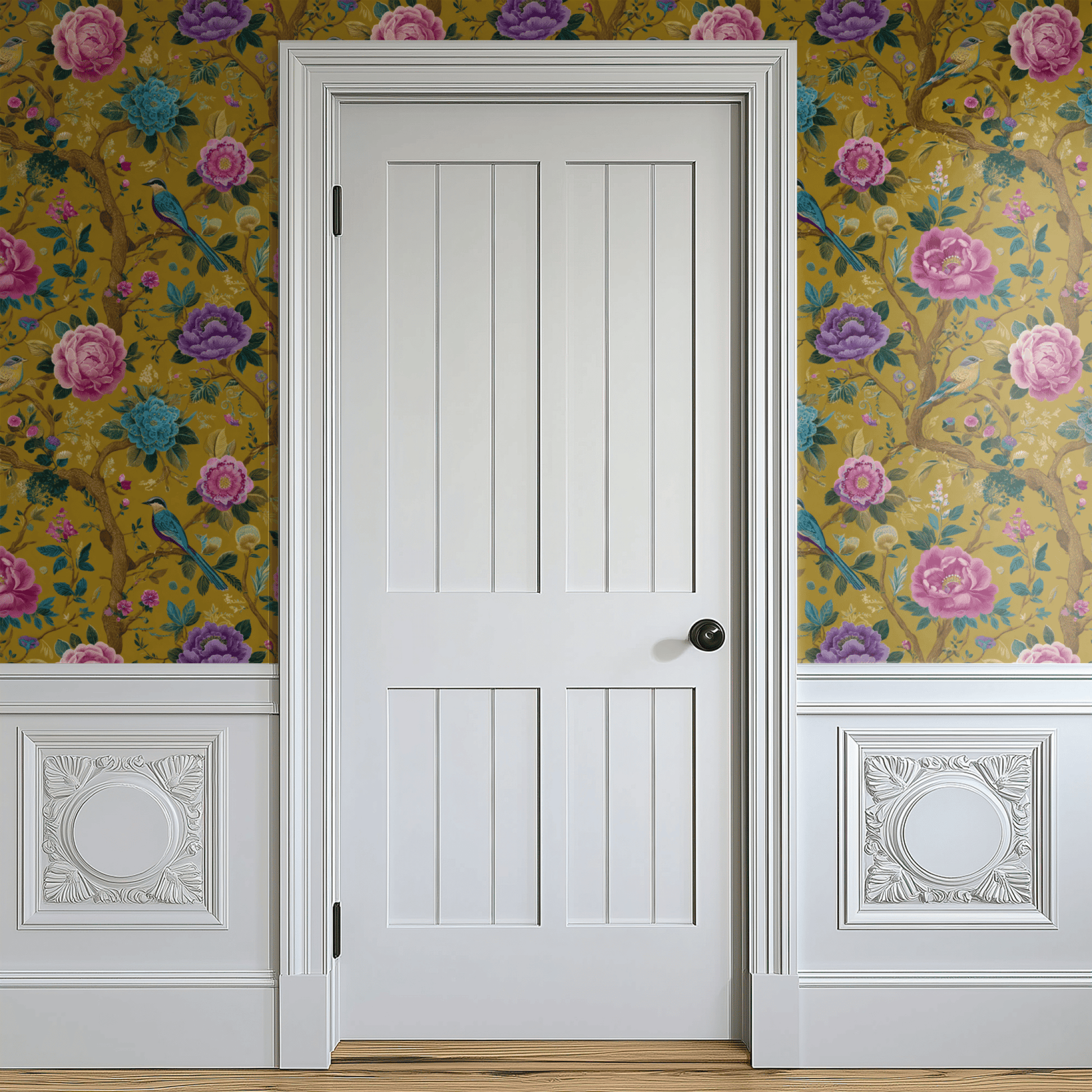 Neutral Floral Wallpaper shown in a second room with the moody chinoiserie songbirds reading as atmospheric decorative pattern