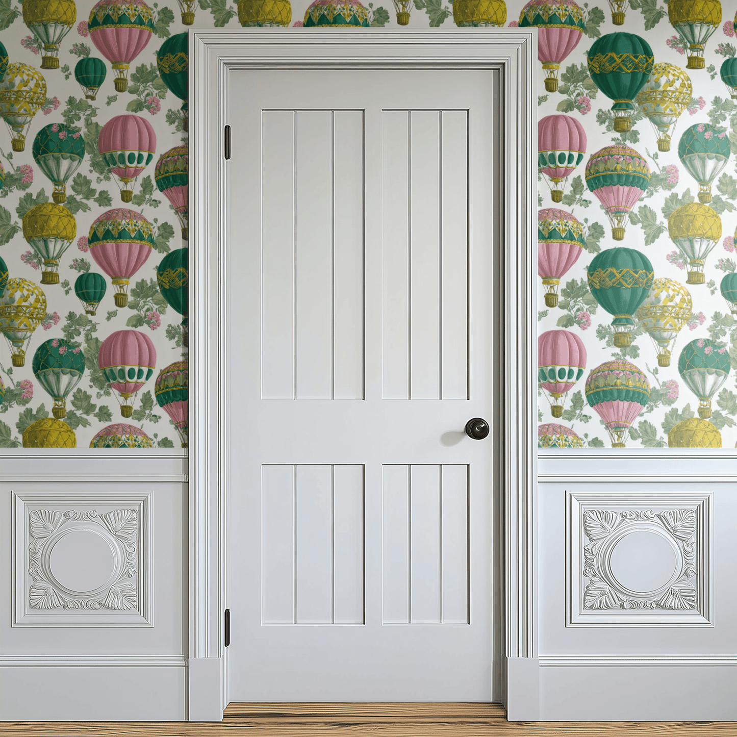 White Abstract Wallpaper shown in a second room with the playful cosmic balloons giving the wall a child-friendly whimsical character