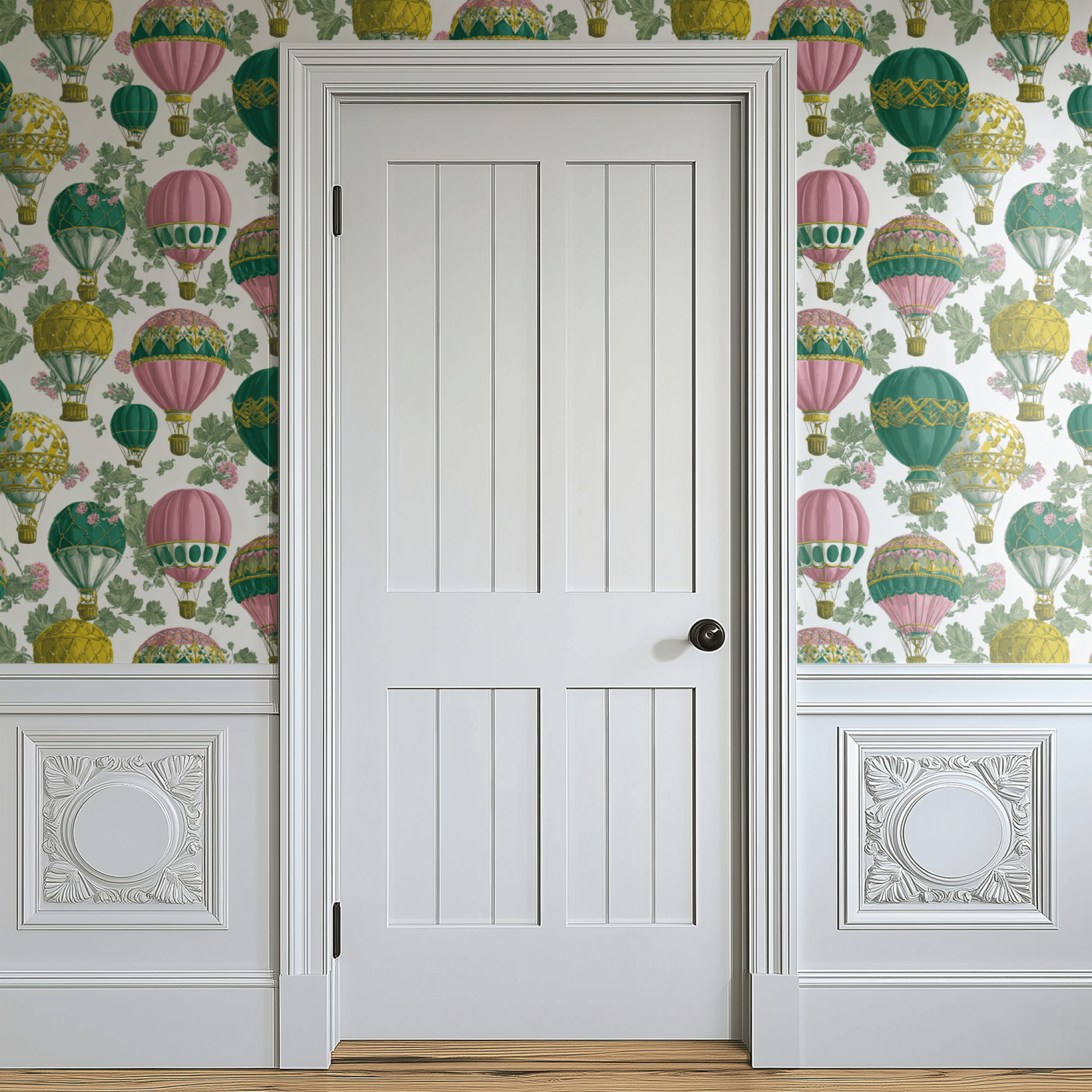 White Abstract Wallpaper shown in a second room with the playful cosmic balloons giving the wall a child-friendly whimsical character