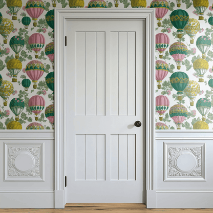White Abstract Wallpaper shown in a second room with the playful cosmic balloons giving the wall a child-friendly whimsical character