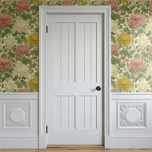Gothic Chrysanthemum wallpaper with Arts and Crafts moody chrysanthemums in cream Victorian palette, shown installed on a living-room wall at room scale